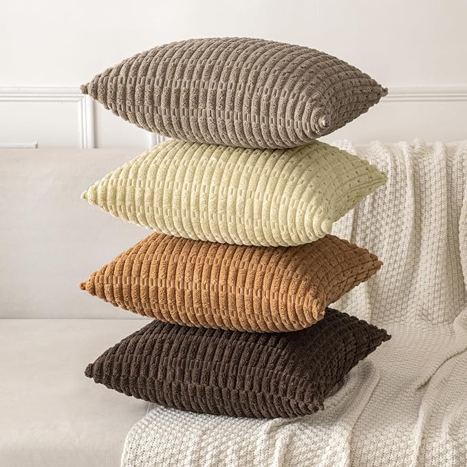 MIULEE Lumbar Corduroy Decorative Throw Pillow Covers 12x20 Brown Pack of 2 | Soft Boho Striped Pillow Covers Modern Farmhouse Fall Home Decor For Sofa Living Room Couch Bed
