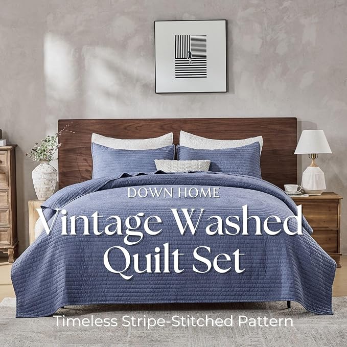 DOWN HOME Cali King Quilt Bedding Set with Shams, Vintage Washed Quilted Blanket Thin Comforter Lightweight Bedspread Coverlet Bed Cover, Brushed Microfiber Stripe Stitching, Vintage Denim, 111"x92"