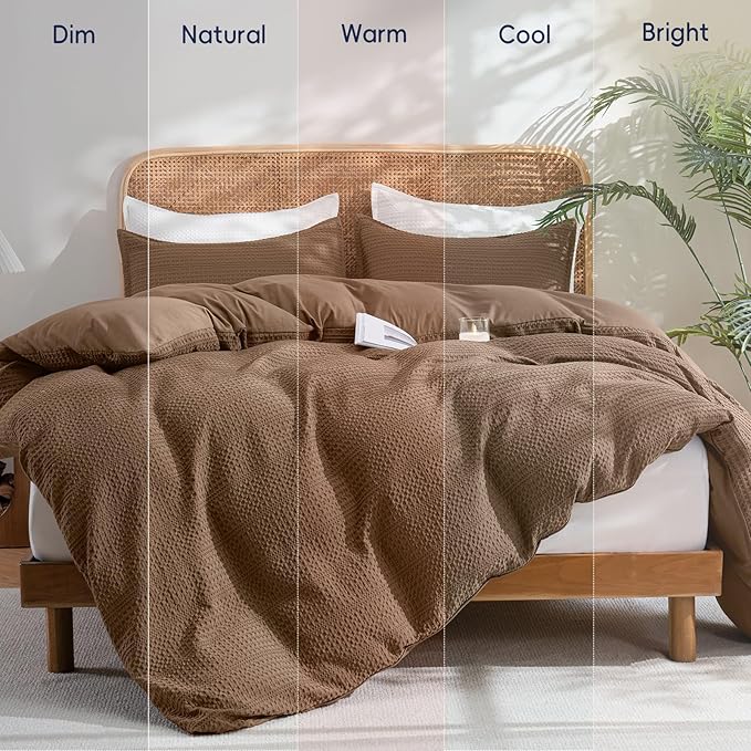 PHF Soft Waffle Duvet Cover King Size- Durable Breathable Waffle Weave Duvet Cover(104"x90") with 2 Pillow Shams, 3 Pieces Luxury Textured Bedding Set for All Season, Mocha