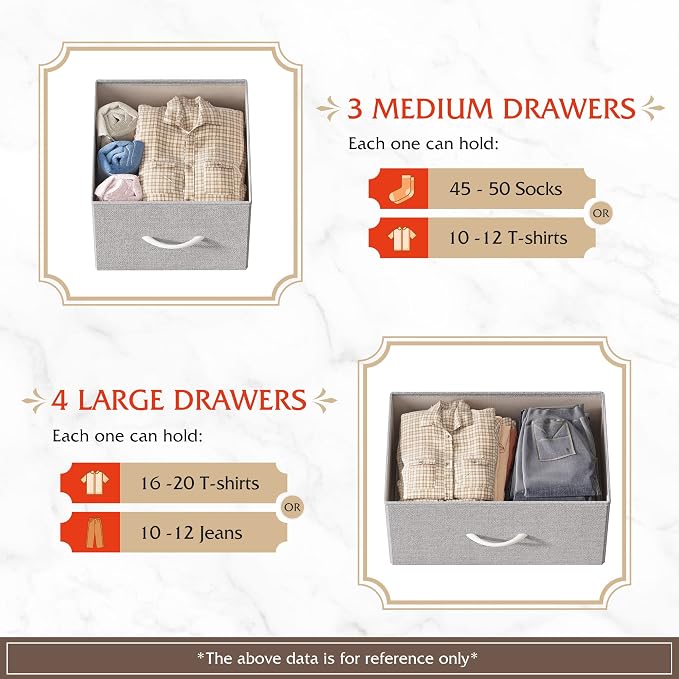 WLIVE Dresser for Bedroom, 7 Drawers, TV Stand, Light Grey | 7 roomy fabric drawers, Fits TVs up to 45 inch, Bedroom or living room, Wide storage design, Chest of drawers
