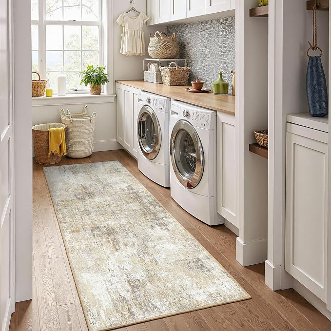 RELEANY Washable Runner 2'x10' Abstract Area Rug for Hallway Neutral Brown | Carpet for Kitchen, Entryway, Bathroom, Living Room, Bedroom, Printed Pattern, Non‑Slip, Soft, Stain‑Resistant, Easy to Clean