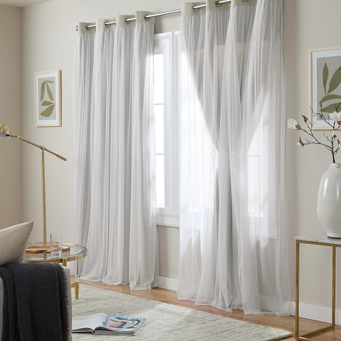 TOWN & COUNTRY LUXE Talia Double Layer Indoor Curtains, Sheer and Room Darkening Blackout, Grommet Top, Energy Efficient, 2-Pack Set, 52"x108", Cloud Grey