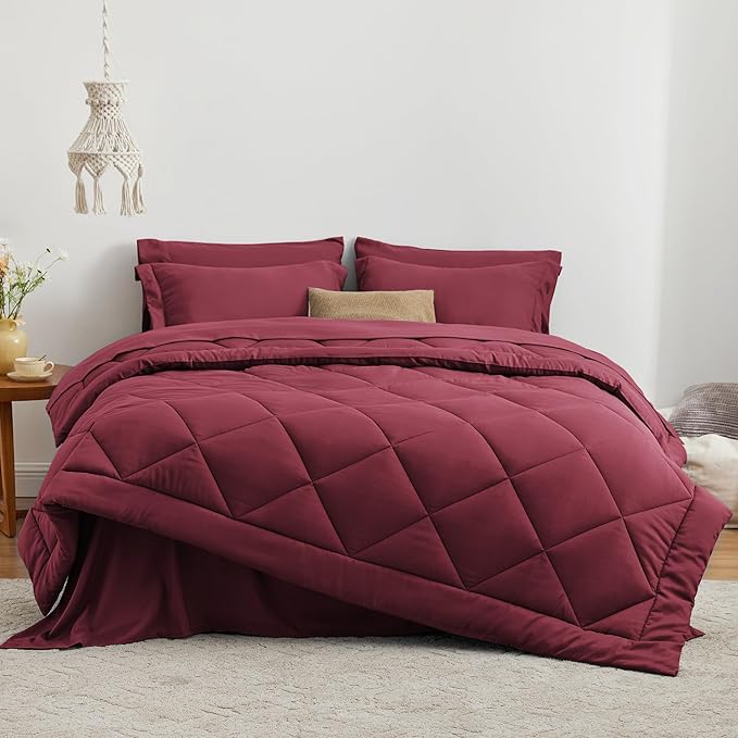 Love's cabin Queen Comforter Set Burgundy, 7 Pieces Queen Bed in a Bag, All Season Bedding Sets with 1 Comforter, 1 Flat Sheet, 1 Fitted Sheet, 2 Pillowcase and 2 Pillow Sham