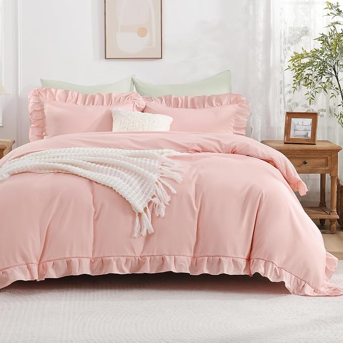 Andency Blush Ruffle Duvet Cover Queen, Shabby Chic Farmhouse Bedding Set | 3 Pieces Soft Washed Polyester Vintage Ruffled Comforter Cover Set with Zipper Closure & Corner Ties, 90x90Inch