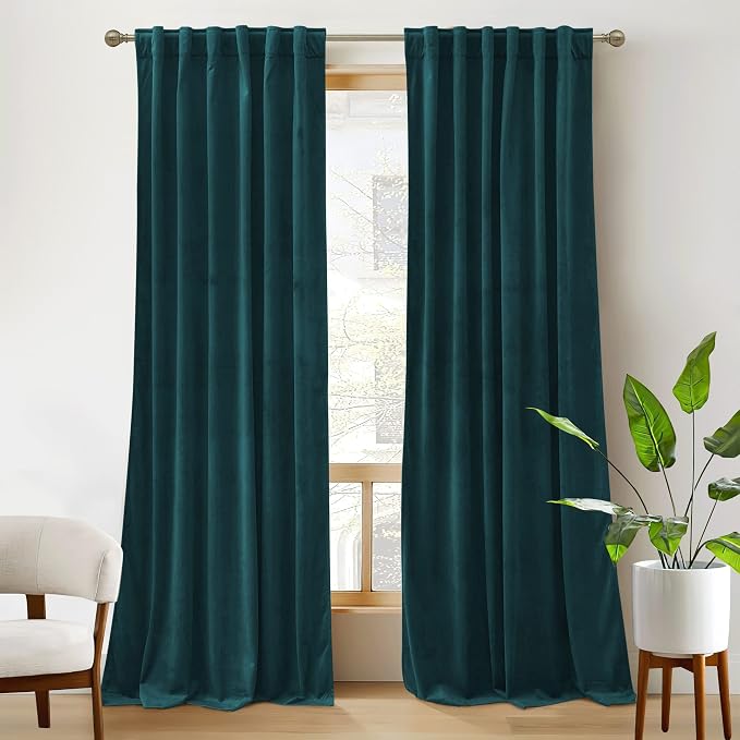 RYB HOME Teal Velvet Blackout Curtains 92 inches for Bedroom Living Room | Thermal Insulated, Privacy UV Block, Noise Reducing, Energy Saving, Luxury Window Decor for Dining Room, W52 x L92, 2 Panels