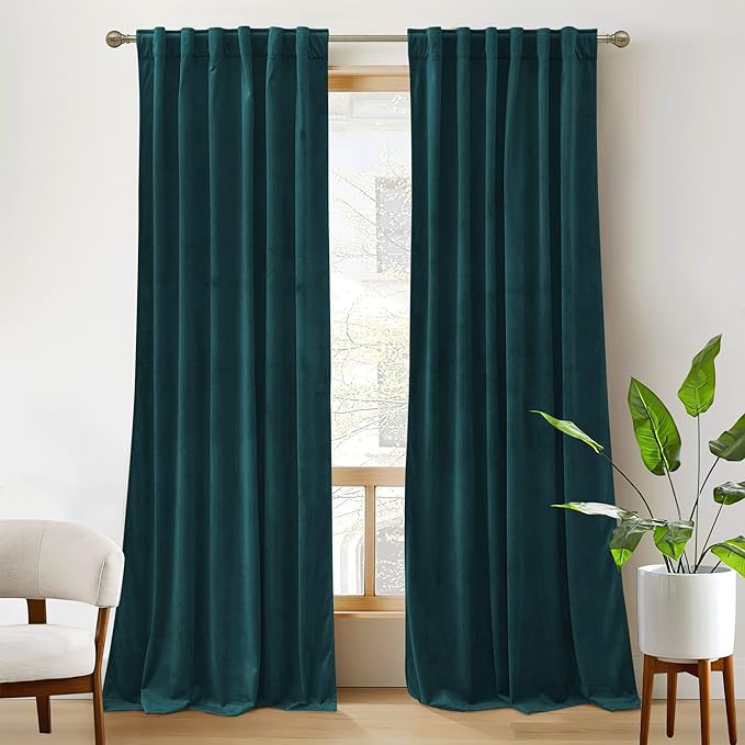 RYB HOME Teal Velvet Blackout Curtains 90 inches for Bedroom Living Room | Thermal Insulated, Privacy UV Block, Noise Reducing, Energy Saving, Luxury Window Decor for Dining Room, W52 x L90, 2 Panels