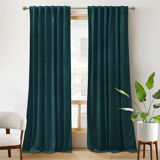 RYB HOME Teal Velvet Blackout Curtains 90 inches for Bedroom Living Room | Thermal Insulated, Privacy UV Block, Noise Reducing, Energy Saving, Luxury Window Decor for Dining Room, W52 x L90, 2 Panels