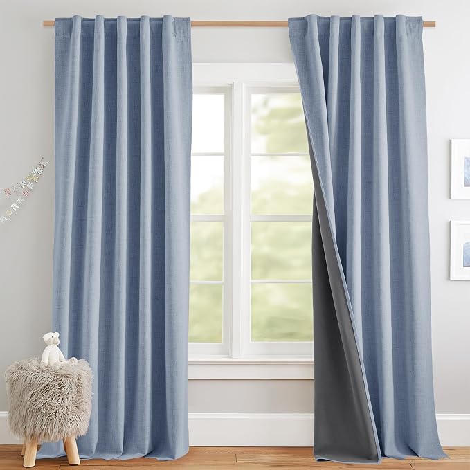 NICETOWN 100% Blackout Linen Curtains 84" Long 2 Panels, Stone Blue | Boho-Chic Thick Linen Blend, Thermal Insulated, Privacy Window Drapes for Bedroom, Living Room, W42" x L84" Each