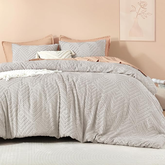 Litanika Oversized King Comforter Set, 3 Pcs Tufted Boho Bedding Set | Linen Grey Farmhouse Shabby Chic Vintage Bohemian Textured Aesthetic Soft Fluffy Lightweight Breathable All Season Bed Set