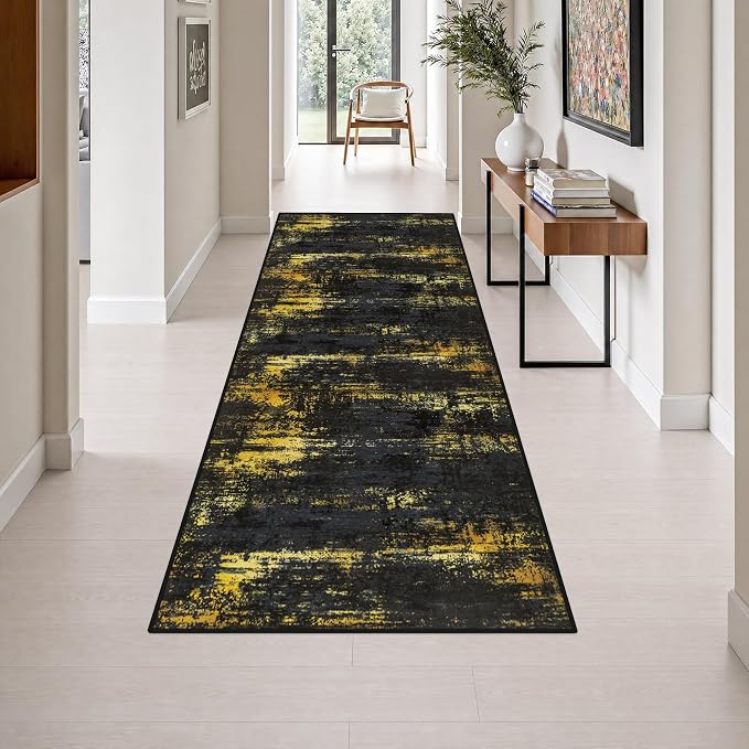3x8 Washable Runner Rug：Modern Abstract Soft Carpet Black Gold | For Hallway, Bedroom, Kitchen, Laundry, Bathroom,Door Mat,Modern Abstract,Machine washable,Non-Slip,Stain Resistant,Indoor