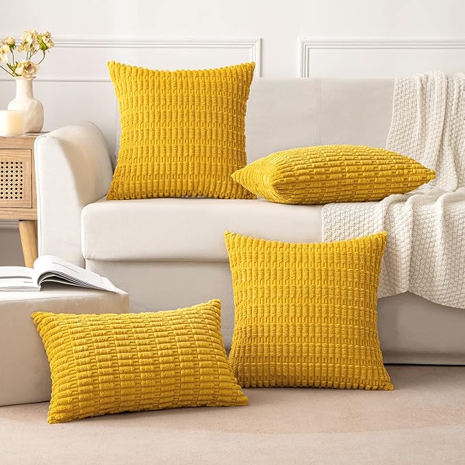 MIULEE Euro Corduroy Decorative Throw Pillow Covers 24x24 Mustard Yellow | Pack of 2 Sham Soft Boho Striped Pillow Covers Modern Farmhouse Home Decor For Sofa Living Room Couch Bed