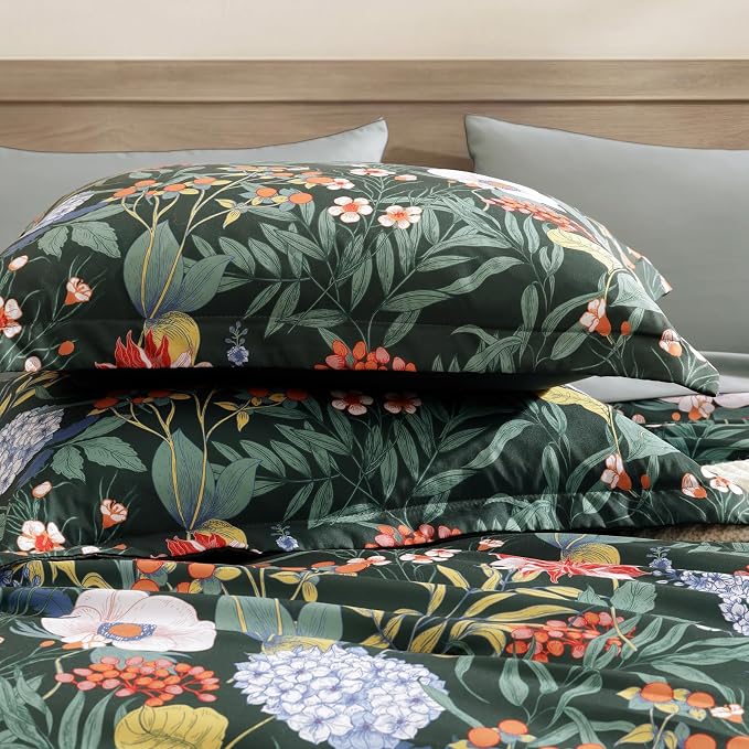 King Size Comforter Set-7 Pieces Green Floral Bed in a Bag King Bedding Set | All Season Botanical Flowers Comforter Set with Sheets, Pillowcases & Shams