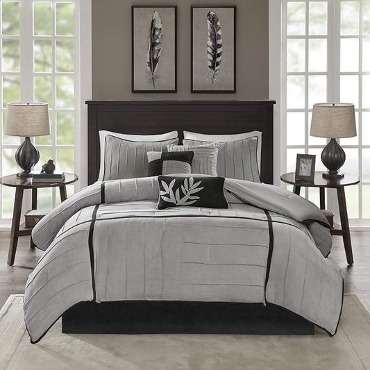 Madison Park Casual Blocks Suede Comforter Set, 7PC Cal King Bedding Set | All Season, with Comforter, Bed Skirt, Decorative Pillows, Shams, Black Grey, Grey