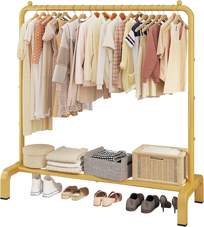 JIUYOTREE Metal 43.3 Inches Garment Rack with Bottom Shelf Clothing Rack for Hanging Clothes Coats Skirts Shirts Sweaters Gold | Metal 43.3 Inches Garment Rack Clothing Clothes Rack with Bottom Shelf for Hanging Clothes Coats Skirts Shirts Sweaters Gold