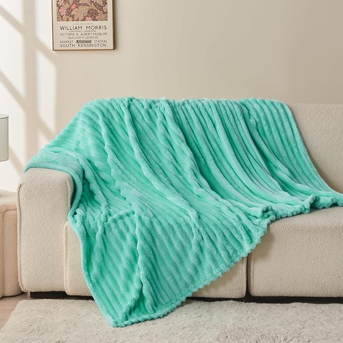 NEWCOSPLAY Fleece Ribbed Cozy Twin Blanket for Couch, Aqua, 60"x80" | Premium Silky Flannel Blanket, Soft Lightweight Fluffy Throw Blanket for Bed Sofa Decor, Gift for All Season Use