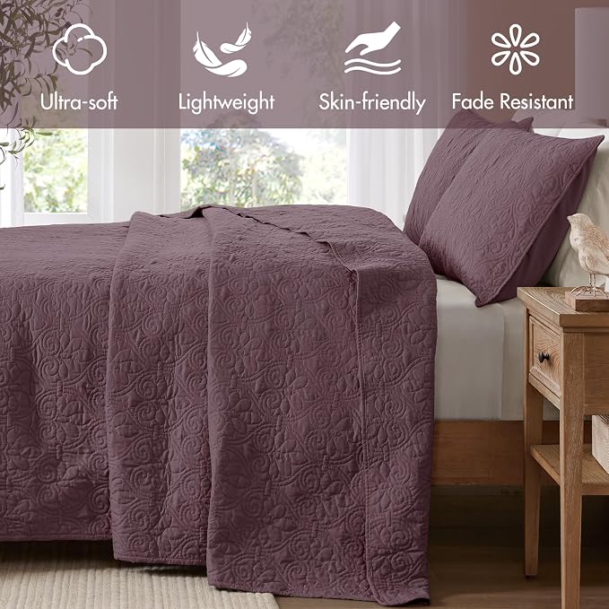 Madison Park King Quilt Bedding Set, Cottage-Inspired Damask, 3PC | All Season Quilted Coverlet, Classic Stitch Pattern Bedspread & Shams, Ultra Soft Microfiber Bedspread Set, Purple