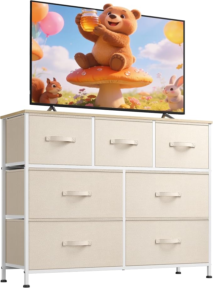 WLIVE Dresser for Bedroom, 7 Drawers, TV Stand, Cream White | 7 roomy fabric drawers, Fits TVs up to 45 inch, Bedroom or living room, Wide storage design, Chest of drawers