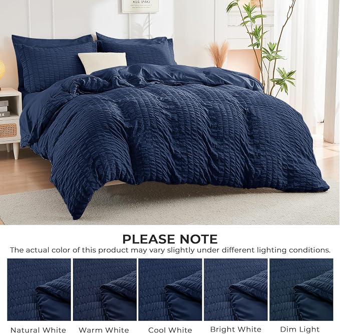 HYMOKEGE Navy Blue King Size Comforter Set Seersucker 7 Pieces, All Season Luxury Bed in a Bag for Bedroom, Bedding Set with Comforters, Sheets, Pillowcases & Shams