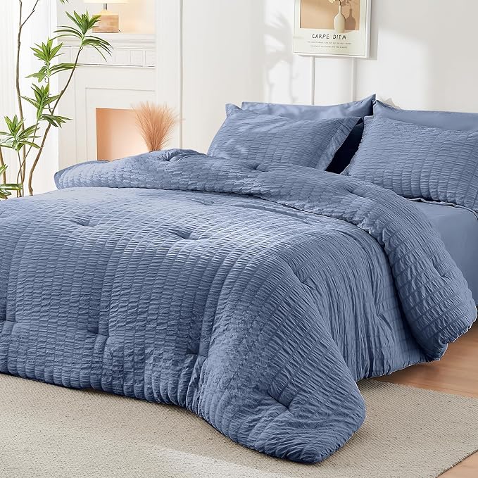 HYMOKEGE Nordic Blue King Size Comforter Set Seersucker 7 Pieces, All Season Luxury Bed in a Bag for Bedroom, Bedding Set with Comforter, Sheets, Pillowcases & Shams