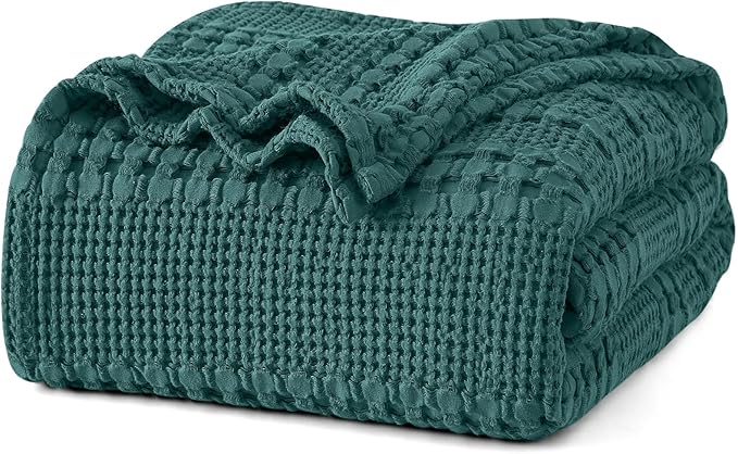 PHF Lightweight 100% Cotton Waffle Blanket for Bed, Queen, Teal | Pre-Washed Soft Cotton Comfort, Breathable Layering Warmth for Fall & Winter, Bed, Sofa, Couch, Home Decor & Gifts