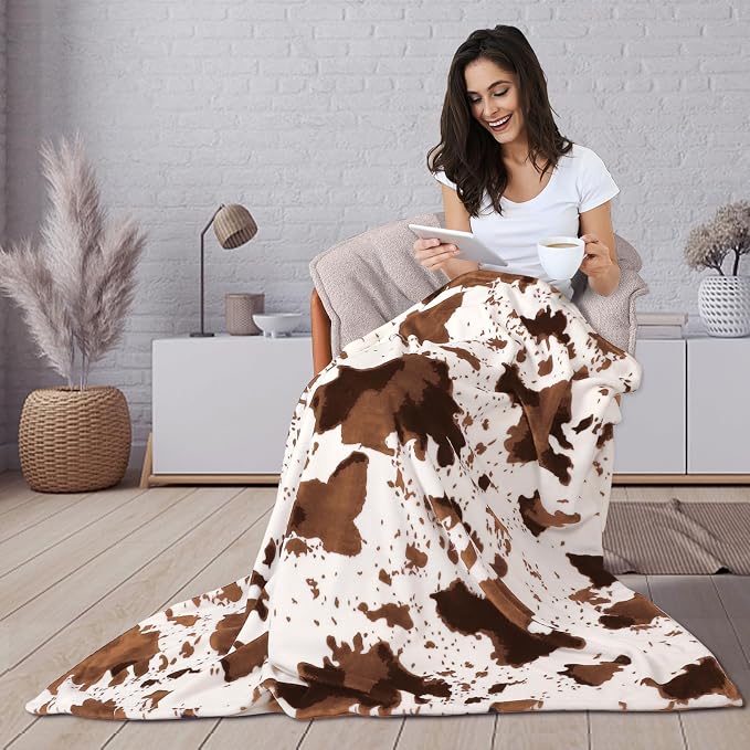 Edenleaf Cow Print Blanket 60"x80", Ultra Soft Flannel Cow Throw Blanket for Couch Bed and Travel, Cow Print Throw Blankets for Bed, All Seasons Blanket 60"x80" (Light Brown)