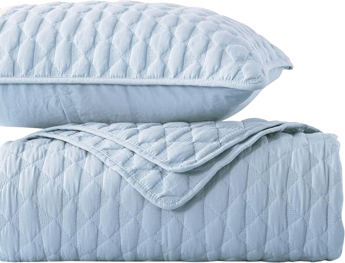 WDCOZY Light Blue Quilt Twin Size Bedding Set with 1 Pillow Sham, Lightweight Soft Bedspread Coverlet, Thin Comforter Bed Cover for All Season, 2 Pieces, 68x90 inches