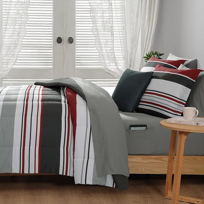 Monbix King Size Comforter Set, 7 Pieces Soft Bed in a Bag King Bedding Set | Red and Black Striped Reversible All Season Comforter Bed Set with Sheets, Pillowcases & Shams