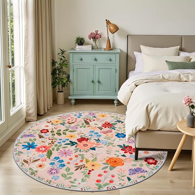 PLHXFR Round Area Rug Living Room: 6 ft Floral Washable Soft Carpet Beige | For Bedroom Dining Room Farmhouse Nursery Hallway,Vintage Floral,Machine washable,Non Slip,Stain Resistant,Large Indoor