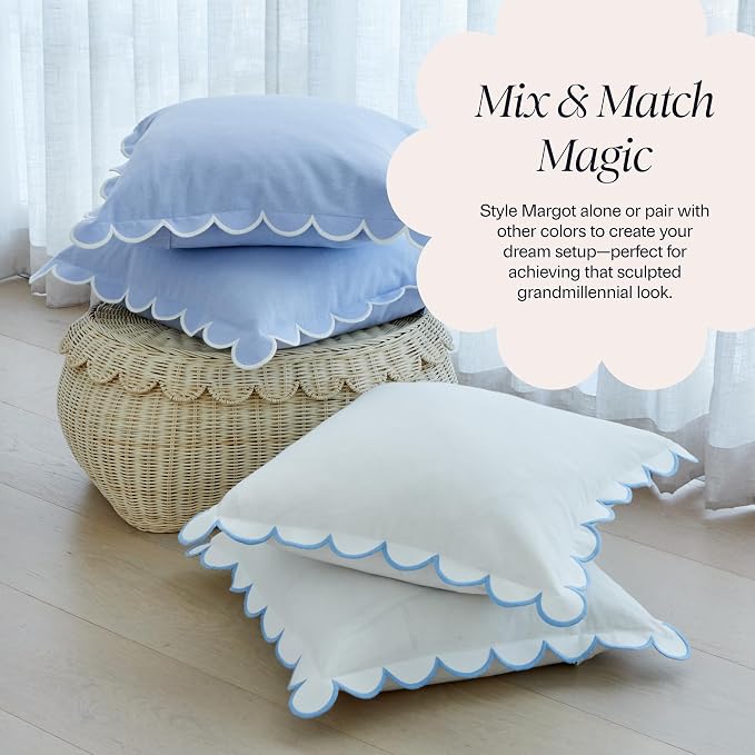 BEBE BASK Scalloped Pillow Cover Set of 2, 18x18, 100% Cotton - White/Blue | 100% Cotton, Scallop Pillow Covers, Grandmillennial Style, 18 by 18 Inch, Easy to Care, Machine Washable, Scalloped Pillows