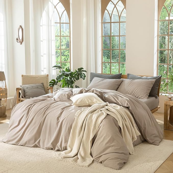 MooMee Duvet Cover Set 100% Washed Cotton Linen Like Queen | Relaxed Linen-like Texture. Soft, Breathable & Long-lasting Comfort. Lightweight. Hidden Zipper with 8 Interior Corner Ties