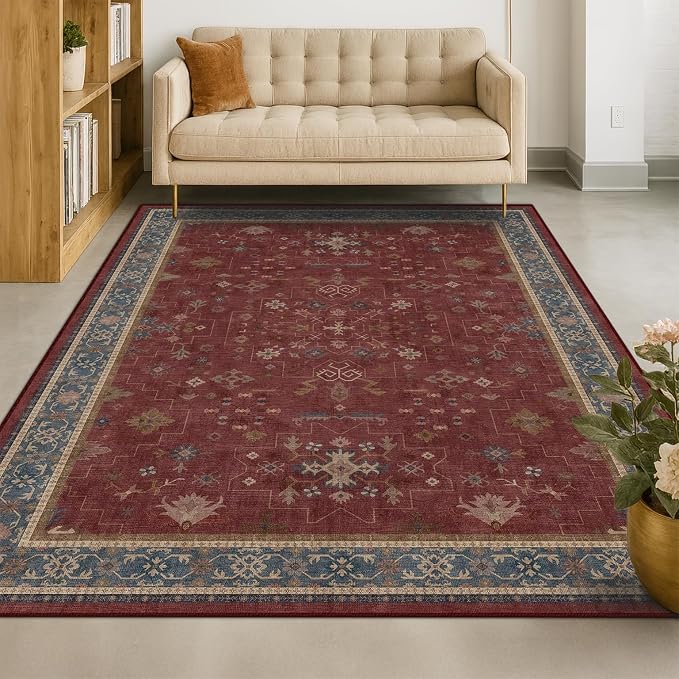 5x7 Boho Dark Red Rug for Living Room - Vintage Oriental Revival Low-Pile Carpet for Bedroom, Dining Table, Home Office, Machine Washable Area Rug Non-Slip with Rubber Back