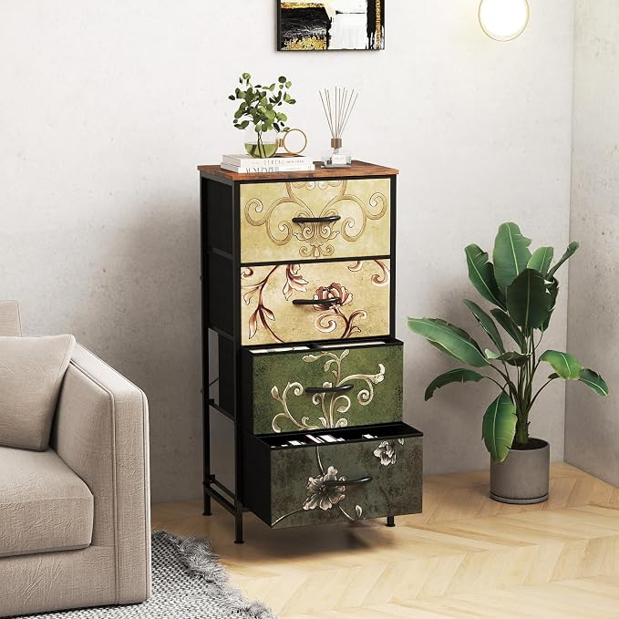 DUMOS Nightstand, Bedside Table with 4 Fabric Drawers | Night Stand with Removable Bins, Steel Frame Wood Top, Small Dresser for Bedroom Closet, Storage Tower, Floral Painted