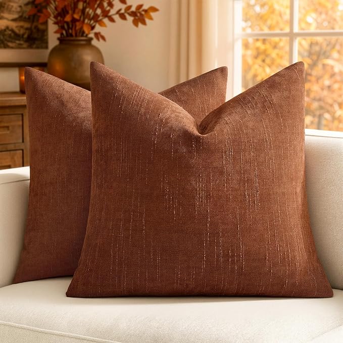 MIULEE Textured Chenille Fall Throw Pillow Covers 20x20 Inch Dark Rust | Pack of 2 Decorative Soft Throw Pillows, Solid Textured Cushion Covers, Modern Home Decor for Couch Sofa Bedroom Living Room