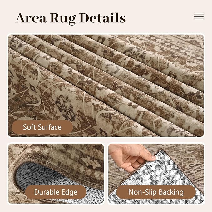 6x9 Ft Large Area Rugs for Living Room, Soft Non-Slip Machine Washable Rug, Vintage Stain Resistant Carpets for Bedroom Nursery Dining Room Home Decor (Brown)