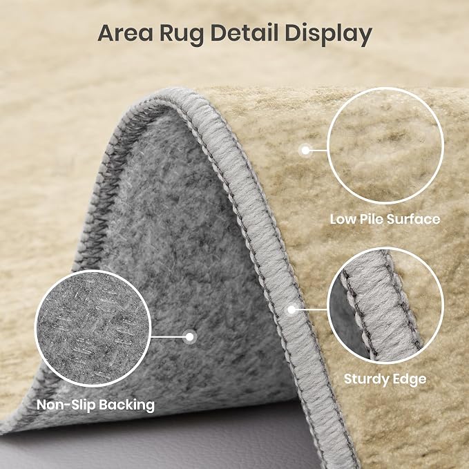 8x10 Area Rugs for Living Room, Large Washable Rug Non Slip, Tan | Soft Low Pile, Thin & Lighweight Carpet, Folable Stain Resistant Modern Indoor Floor Mat for Bedroom, Dining Room, Home Decor