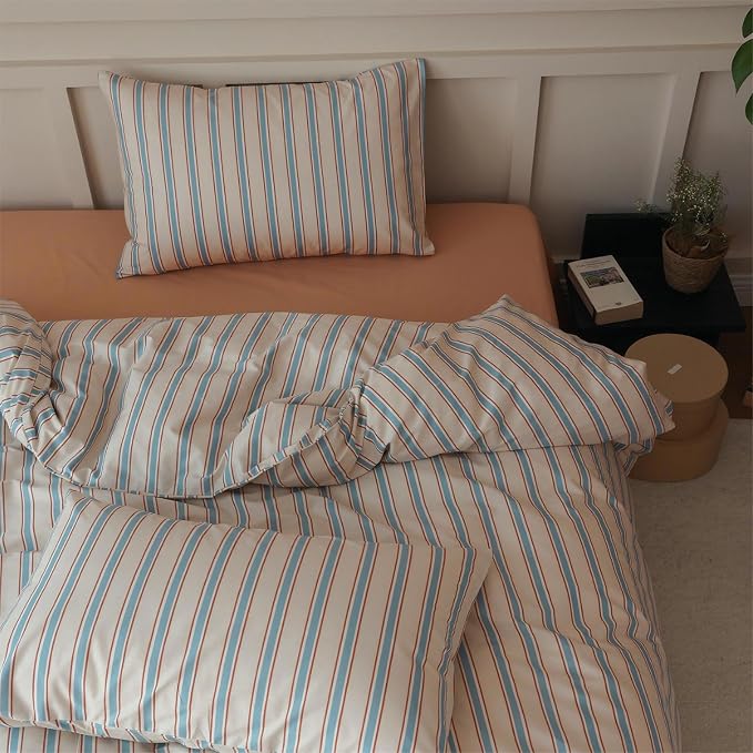 LifeTB Full Comforter Set Blue Brown Striped Comforter Set, 3 Pieces Retro Stripes Pattern Printed Comforter with 2 Pillowcases, Lightweight Fluffy Soft Breathable Striped Bedding Set for All Seasons