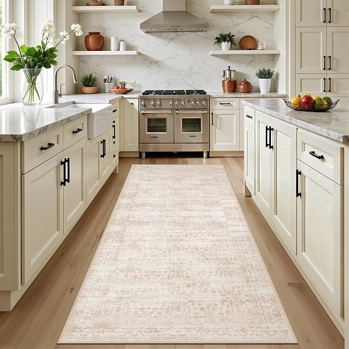 Hallway Runner Rug: 2.6x8 Kitchen Rugs for Living Room Beige Brown | Runner Rug Hallway Washable Rug No Slip Soft Bedroom Rug Indoor Floor Stain Resistant Carpets for Entryway, Laundry, Bathroom