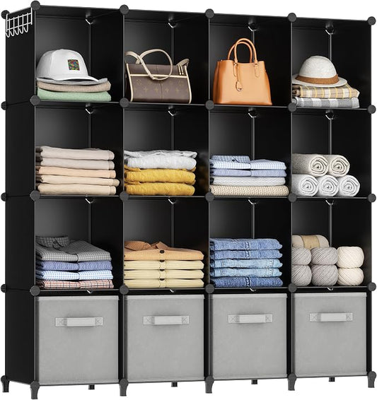 HOMIDEC Closet Organizers and Storage, 16 Cube Storage Organizer, Closet Organizer Bookshelf Cubes Shelves for Clothes, Bedroom, Kids Room, Bathroom, Wardrobe, Garment Racks, Black | Closet Organizer Bookshelf Storege Cubes Shelves for Bedroom, Kids Ro...