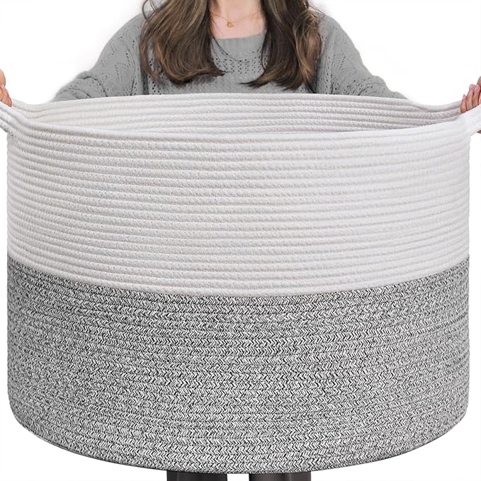 INDRESSME XXXLarge Woven Rope Blanket Basket Living Room Light Grey, 90L | 21.7" x 13.8" Storage baskets for toys laundry & pillows. Fits living room, bedroom or nursery décor. Soft-touch with handles