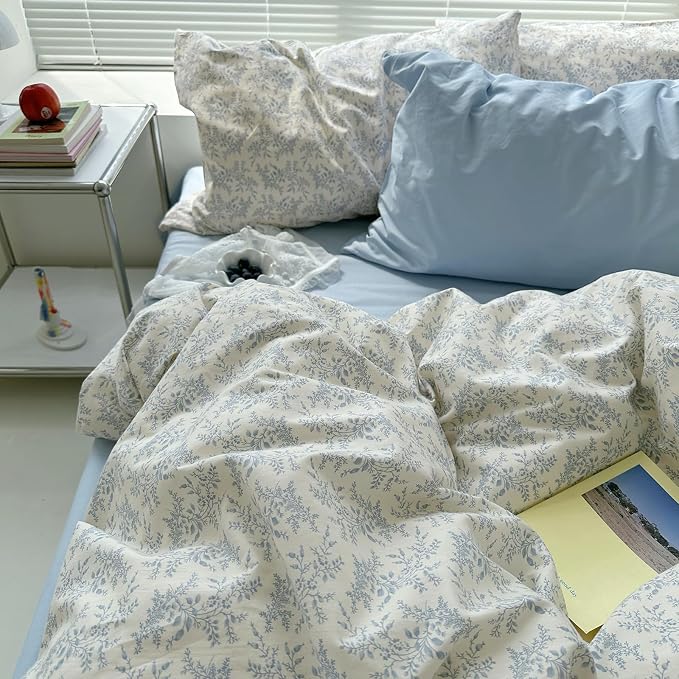 mixinni Blue Floral Duvet Cover King Size - 100% Cotton Soft Boho Comforter Cover with Zipper Closure 4 Ties, 3-Piece Vintage Aesthetic Botanical Bedding Set with 2 Pillowcases, All Season Bed Set
