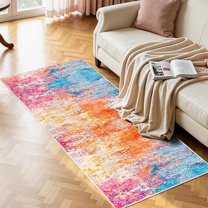 Rugflix 2x6 Runner Rug for Hallway, Washable Colorful Rainbow Runners | Machine Washable; Stain-Resistant; Low Pile; Non-Slip; Modern Abstract; Carpet for Bedroom Bathroom Laundry