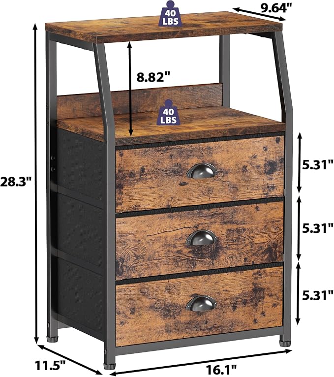 Furnulem Nightstand with 3 Fabric Drawers, Small Bedroom Storage Cabinet | Rustic Brown Dorm Night Stand, Small Dresser Organizer Storage Tower for Closet,Living Room, Bedside Table with Metal Frame
