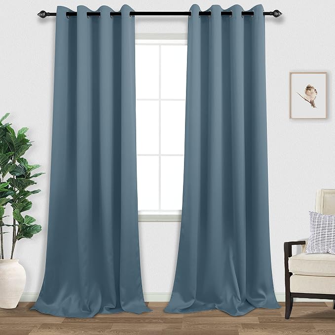 KOUFALL 108 Inch Long Blackout Curtains for Living Room, Grommet Silk Polyester Thermal Drapes 108 Inches Long 2 Panels Set, Dusty Blue