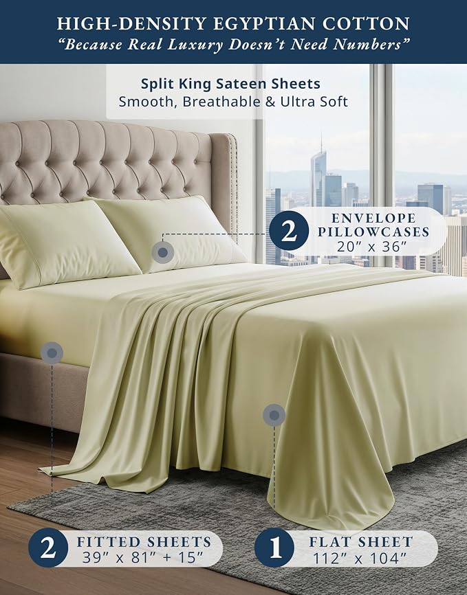 LANE LINEN Split King Cooling Sheets 100% Egyptian Cotton Sateen - Seafoam | Split King Deep Pocket Sheets - 5-Piece Set, For A Luxurious Night's Sleep, For A Silky Hotel-Style Bed, Luxe Sheen