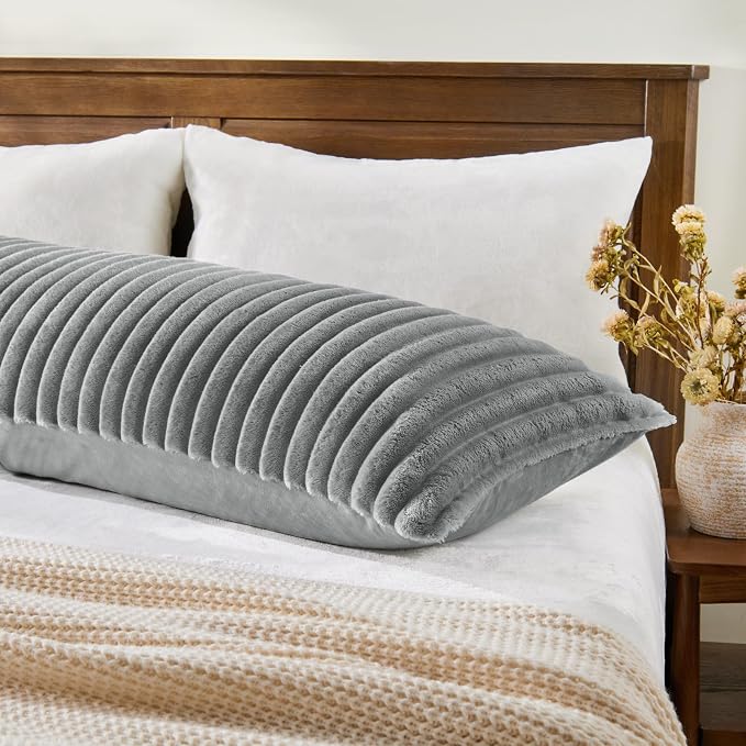 BEDELITE Fluffy Striped Body Pillow Cover with Zipper, Grey, 20x54 | Ultra-soft Faux Fur with 6D Striped Texture, Comfy, Plush, and Cloud-like, Body Pillow Pillowcase for Bed Couch Room Decor