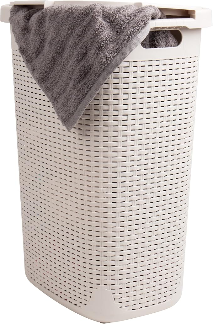 Mind Reader Tall Tapered Laundry Hamper with Lid, 60L Clothes Basket, Narrow Base Design for Bathrooms, Closets and Laundry Rooms, Plastic, 2 Pack, Ivory