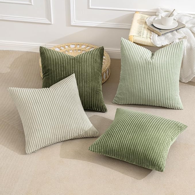 MIULEE Soft Corduroy Decorative Throw Pillow Covers Light Green 24x24 | Set of 4, Mordern Nordic Decor, Light Green Gradient Matching, Boho Farmhouse Cushion Covers for Couch Bed Sofa Living Room