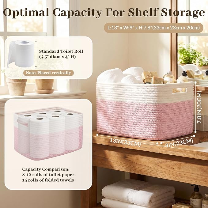 OIAHOMY 4 Pack Storage Basket, 13"x9"x7.8" Cotton Rope Baskets for Shelves, Closet Organizer for Bedroom & Living Room, Soft Decorative Bins for Organizing Towels, Books & Toys, Pink & White