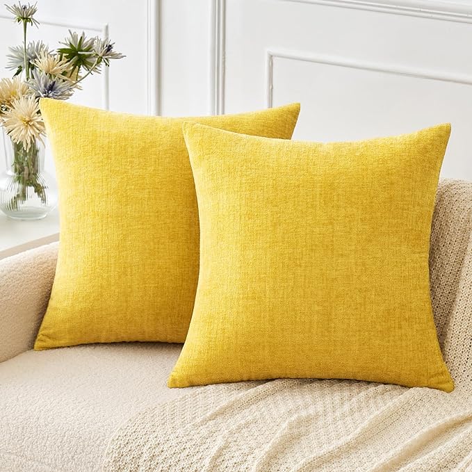 MIULEE Soft Chenille Throw Pillow Covers Yellow 18x18 Inch Pack of 2 | Modern Home Decor, Classic Decorative Pillows, Solid Dyed Cases, Boho Couch Cushion Covers for Sofa Bed Living Room