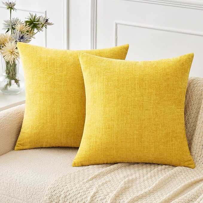 MIULEE Soft Chenille Throw Pillow Covers Yellow 20x20 Inch Pack of 2 | Modern Home Decor, Classic Decorative Pillows, Solid Dyed Cases, Boho Couch Cushion Covers for Sofa Bed Living Room